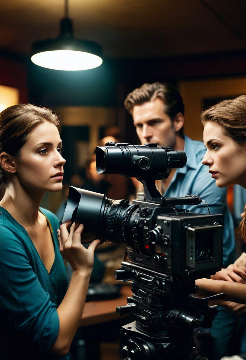A dramatic and thought-provoking scene featuring a filmmaker adjusting a hidden camera in a softly lit adult film set, with actors in the background seemingly unaware of the camera's placement. The atmosphere should blend an air of mystery and professionalism, showcasing the duality of art and surveillance in a captivating way. Include elements like camera equipment, dim lighting, and the subtle tension of the film industry. modern cinematic style. vibrant colors.
