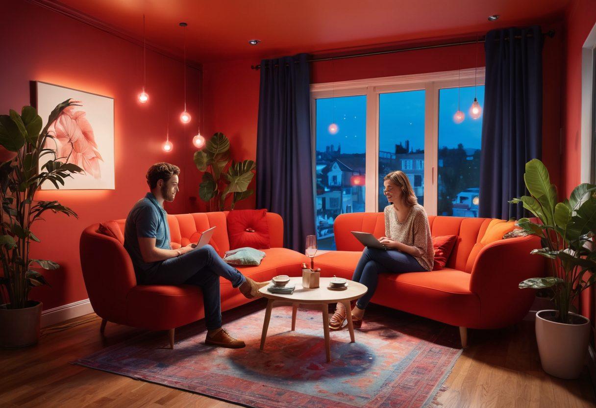 A visually dynamic illustration showcasing the transition from a lively streaming environment filled with vibrant chat bubbles and engaging performers to a serene private viewing space with a cozy atmosphere, dimmed lights, and a comfortable chair. Capture the contrast between the excitement of public interaction and the intimacy of private experiences, using shades of deep reds and blues to evoke emotion. Include subtle technology elements like a blurred laptop or phone in the background. super-realistic. vibrant colors.