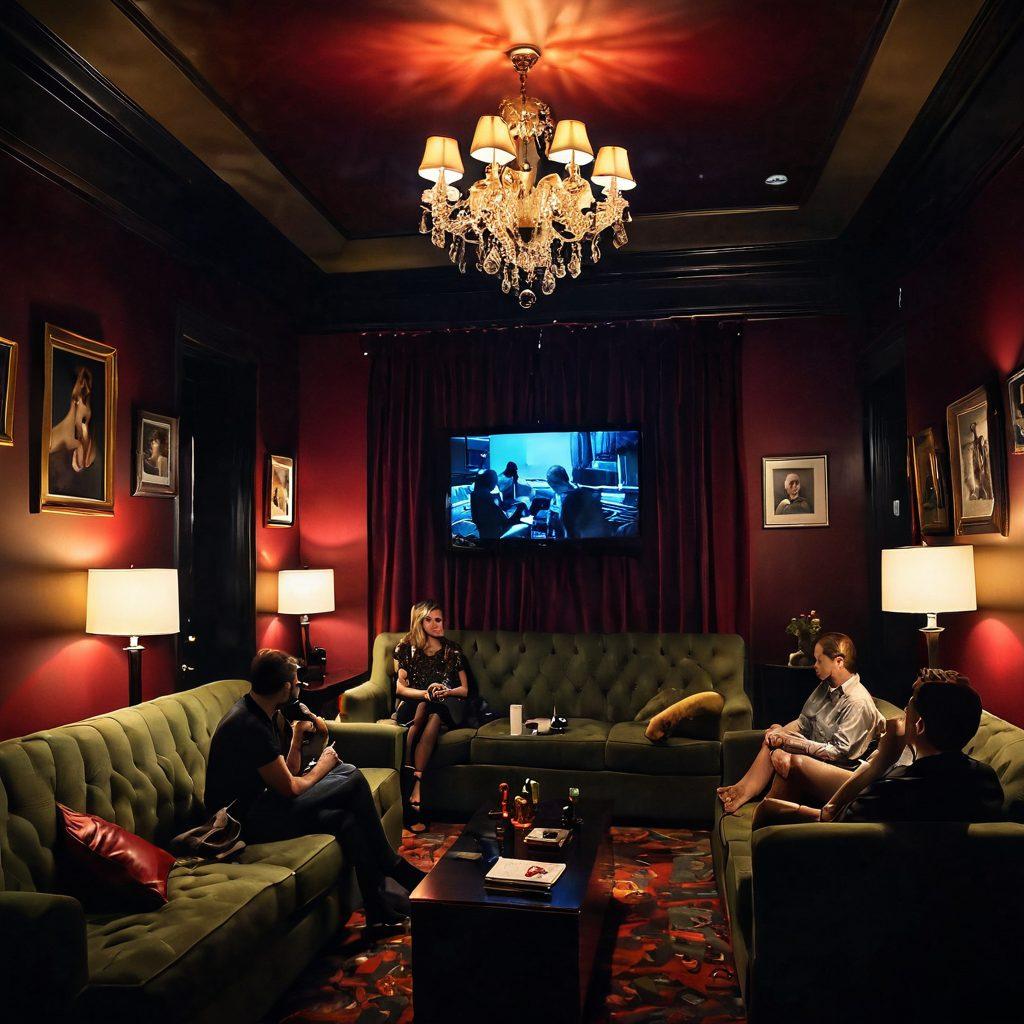 An intriguing scene depicting various stylish hidden cameras cleverly camouflaged in a luxurious adult entertainment setting, with soft dim lighting and plush furnishings. In the background, silhouettes of people engaged in playful interactions, hinting at the thrill of the unseen. A sense of mystery and allure fills the air. super-realistic. vibrant colors. intimate atmosphere.
